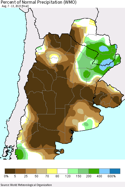 Southern South America Percent of Normal Precipitation (WMO) Thematic Map For 8/7/2023 - 8/13/2023