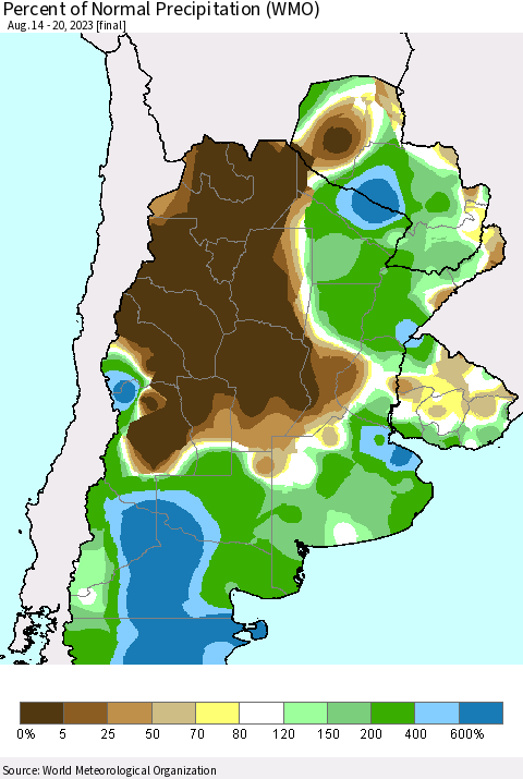 Southern South America Percent of Normal Precipitation (WMO) Thematic Map For 8/14/2023 - 8/20/2023