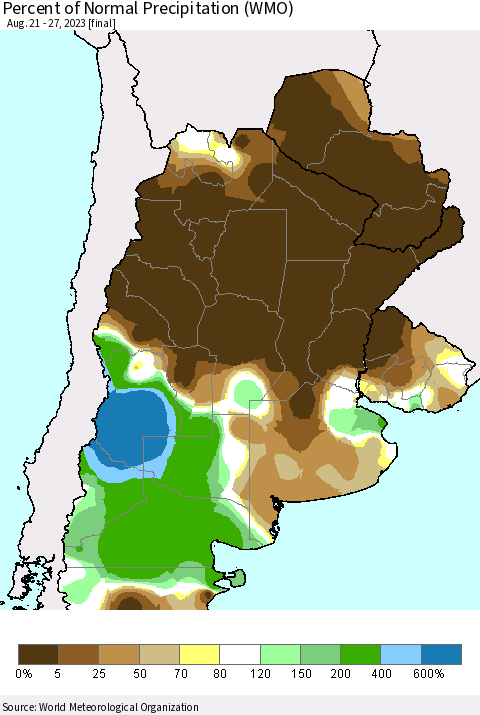 Southern South America Percent of Normal Precipitation (WMO) Thematic Map For 8/21/2023 - 8/27/2023