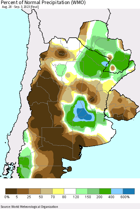Southern South America Percent of Normal Precipitation (WMO) Thematic Map For 8/28/2023 - 9/3/2023