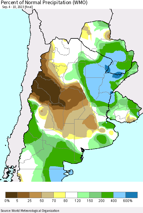 Southern South America Percent of Normal Precipitation (WMO) Thematic Map For 9/4/2023 - 9/10/2023