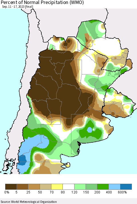 Southern South America Percent of Normal Precipitation (WMO) Thematic Map For 9/11/2023 - 9/17/2023