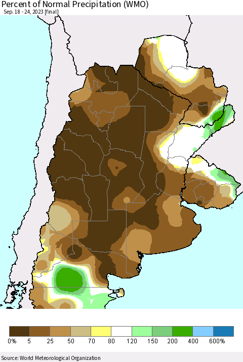 Southern South America Percent of Normal Precipitation (WMO) Thematic Map For 9/18/2023 - 9/24/2023