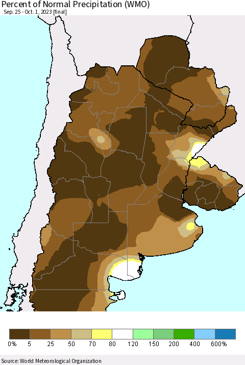 Southern South America Percent of Normal Precipitation (WMO) Thematic Map For 9/25/2023 - 10/1/2023