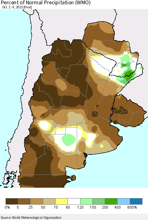 Southern South America Percent of Normal Precipitation (WMO) Thematic Map For 10/2/2023 - 10/8/2023