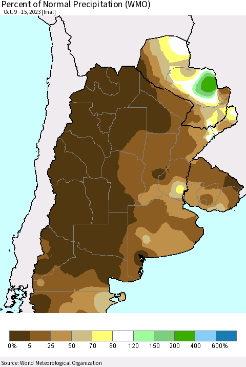 Southern South America Percent of Normal Precipitation (WMO) Thematic Map For 10/9/2023 - 10/15/2023
