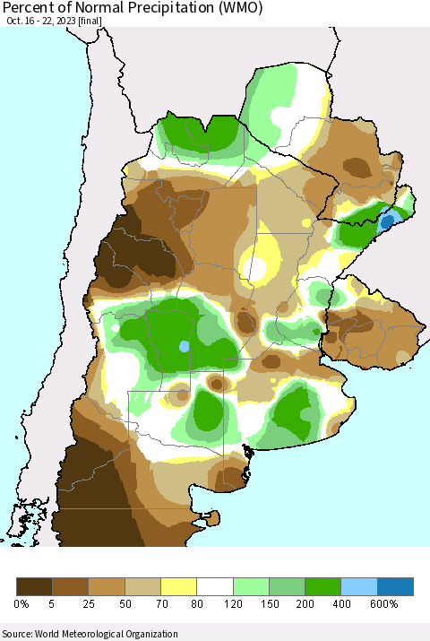 Southern South America Percent of Normal Precipitation (WMO) Thematic Map For 10/16/2023 - 10/22/2023