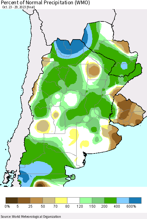Southern South America Percent of Normal Precipitation (WMO) Thematic Map For 10/23/2023 - 10/29/2023