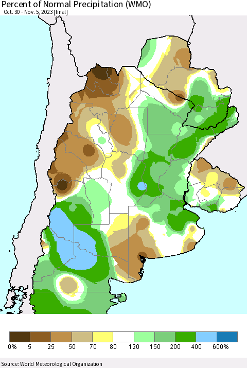Southern South America Percent of Normal Precipitation (WMO) Thematic Map For 10/30/2023 - 11/5/2023