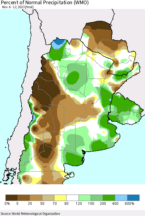Southern South America Percent of Normal Precipitation (WMO) Thematic Map For 11/6/2023 - 11/12/2023