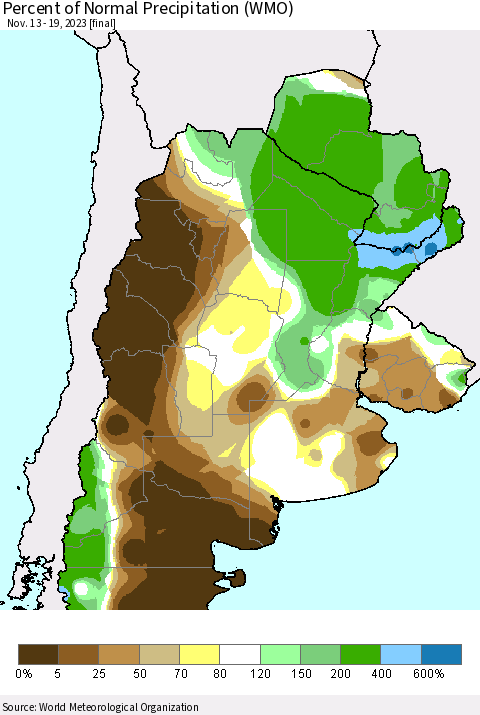 Southern South America Percent of Normal Precipitation (WMO) Thematic Map For 11/13/2023 - 11/19/2023