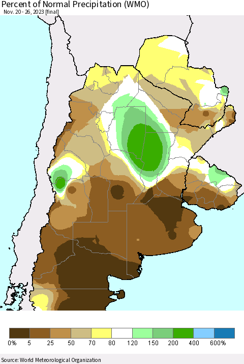 Southern South America Percent of Normal Precipitation (WMO) Thematic Map For 11/20/2023 - 11/26/2023