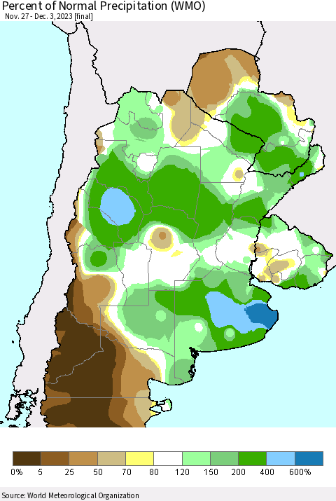 Southern South America Percent of Normal Precipitation (WMO) Thematic Map For 11/27/2023 - 12/3/2023