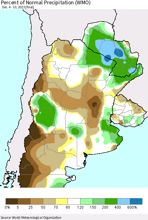 Southern South America Percent of Normal Precipitation (WMO) Thematic Map For 12/4/2023 - 12/10/2023