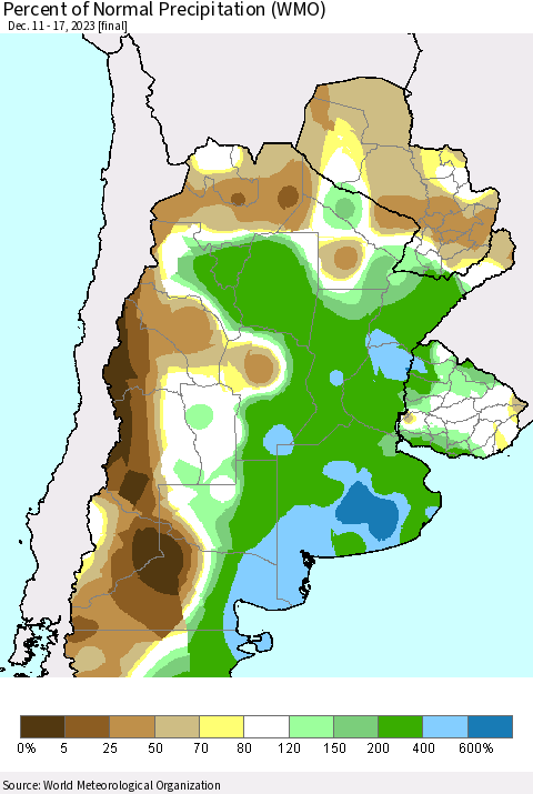 Southern South America Percent of Normal Precipitation (WMO) Thematic Map For 12/11/2023 - 12/17/2023