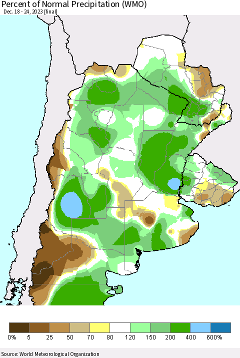 Southern South America Percent of Normal Precipitation (WMO) Thematic Map For 12/18/2023 - 12/24/2023