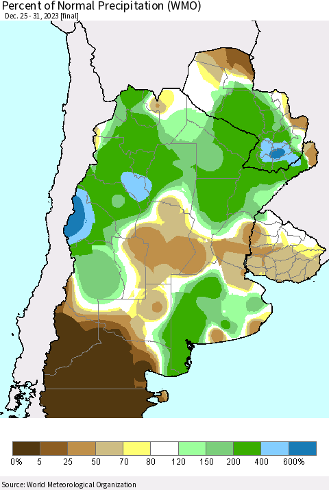 Southern South America Percent of Normal Precipitation (WMO) Thematic Map For 12/25/2023 - 12/31/2023
