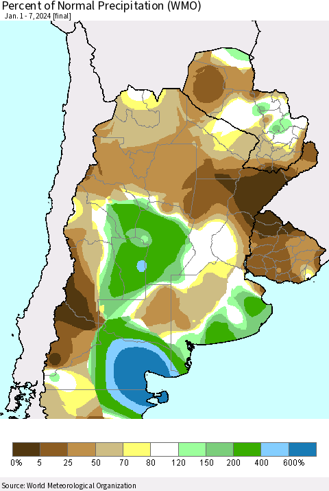 Southern South America Percent of Normal Precipitation (WMO) Thematic Map For 1/1/2024 - 1/7/2024