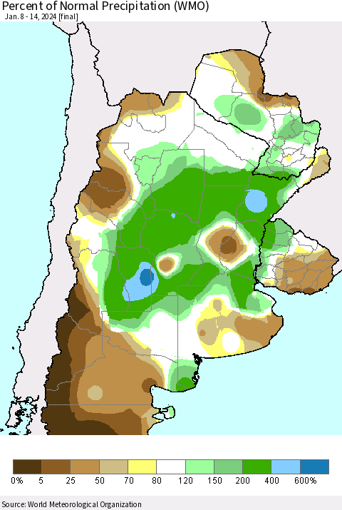 Southern South America Percent of Normal Precipitation (WMO) Thematic Map For 1/8/2024 - 1/14/2024