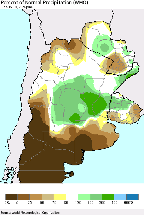 Southern South America Percent of Normal Precipitation (WMO) Thematic Map For 1/15/2024 - 1/21/2024