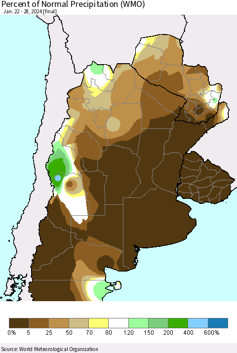 Southern South America Percent of Normal Precipitation (WMO) Thematic Map For 1/22/2024 - 1/28/2024