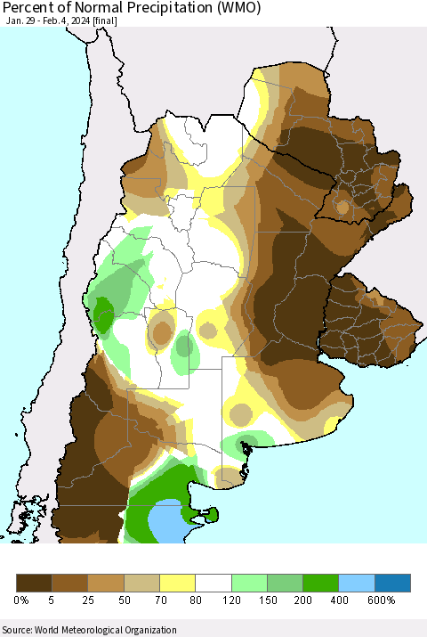 Southern South America Percent of Normal Precipitation (WMO) Thematic Map For 1/29/2024 - 2/4/2024