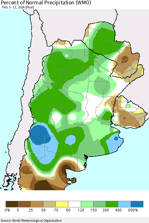 Southern South America Percent of Normal Precipitation (WMO) Thematic Map For 2/5/2024 - 2/11/2024
