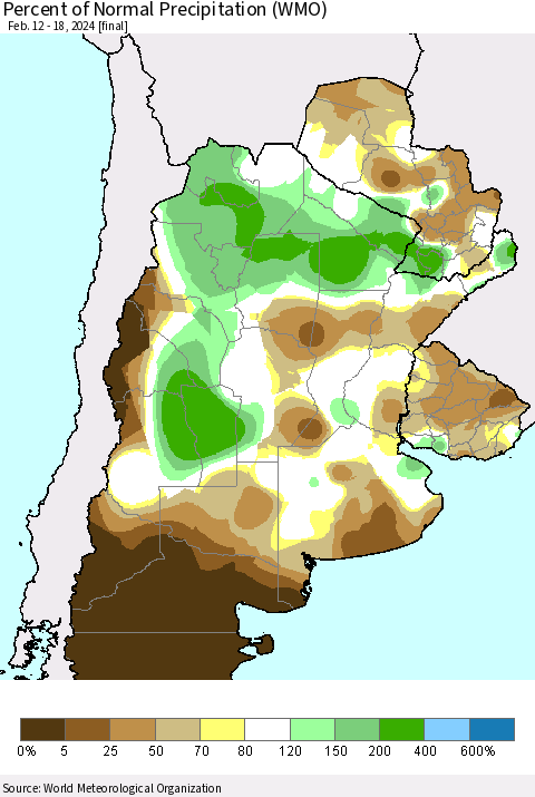 Southern South America Percent of Normal Precipitation (WMO) Thematic Map For 2/12/2024 - 2/18/2024