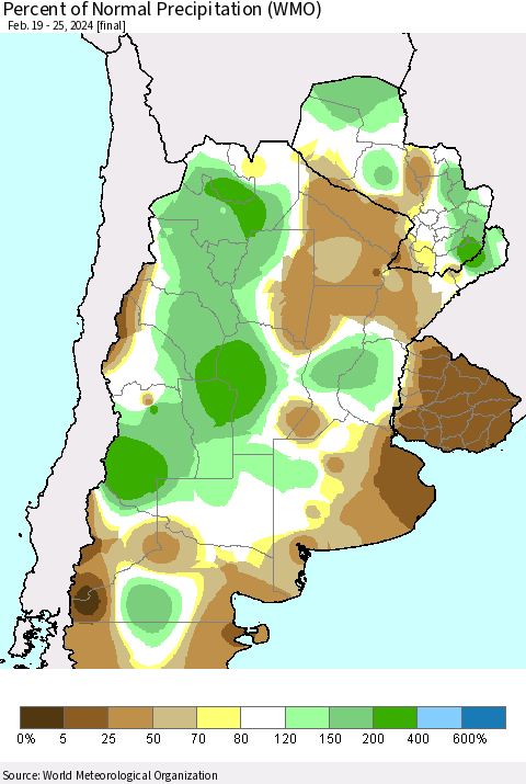 Southern South America Percent of Normal Precipitation (WMO) Thematic Map For 2/19/2024 - 2/25/2024