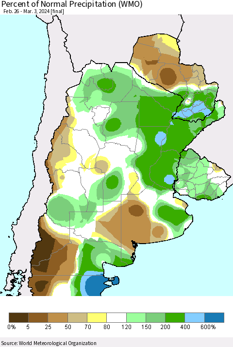 Southern South America Percent of Normal Precipitation (WMO) Thematic Map For 2/26/2024 - 3/3/2024