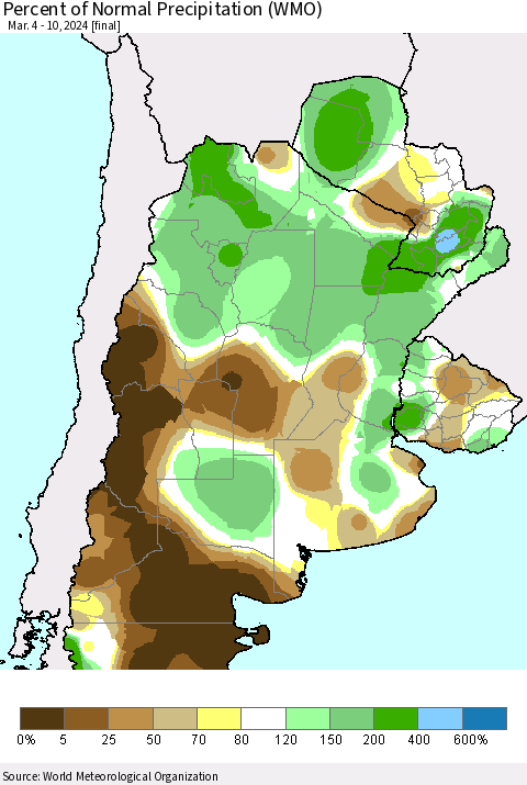 Southern South America Percent of Normal Precipitation (WMO) Thematic Map For 3/4/2024 - 3/10/2024