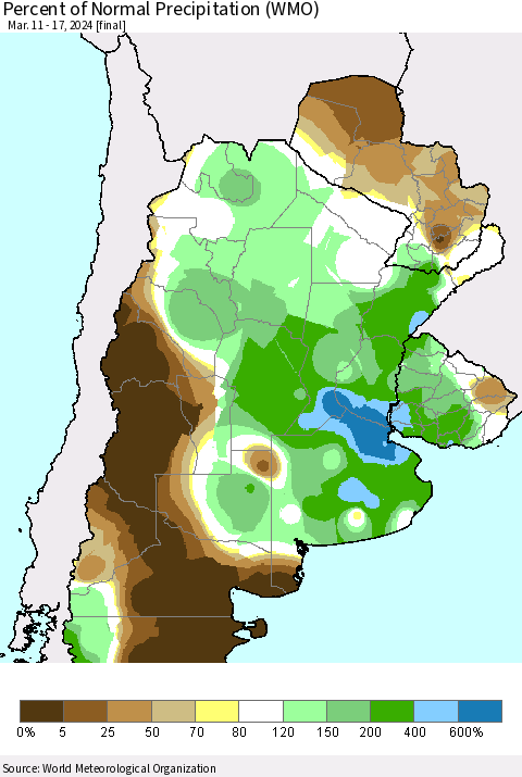Southern South America Percent of Normal Precipitation (WMO) Thematic Map For 3/11/2024 - 3/17/2024