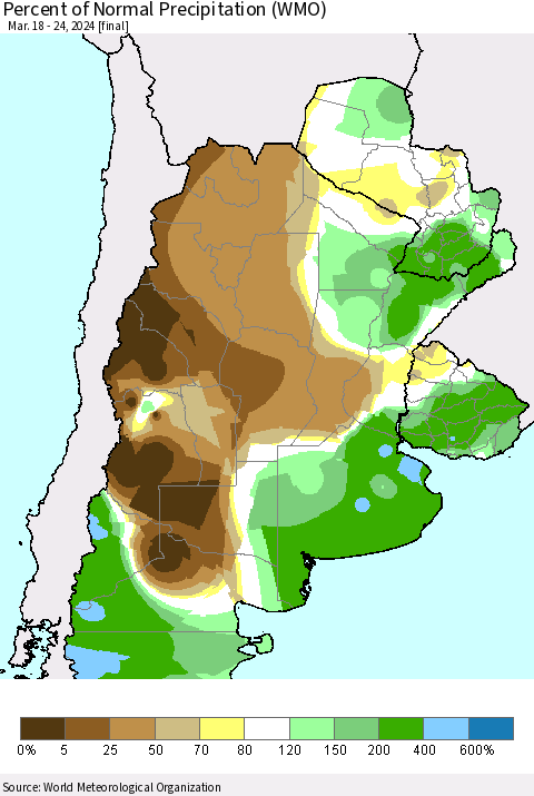 Southern South America Percent of Normal Precipitation (WMO) Thematic Map For 3/18/2024 - 3/24/2024