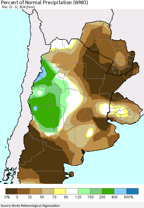 Southern South America Percent of Normal Precipitation (WMO) Thematic Map For 3/25/2024 - 3/31/2024