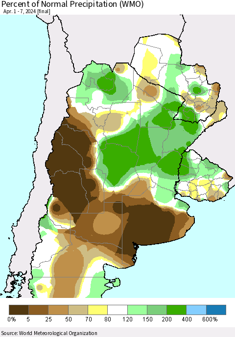 Southern South America Percent of Normal Precipitation (WMO) Thematic Map For 4/1/2024 - 4/7/2024