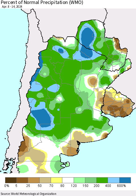 Southern South America Percent of Normal Precipitation (WMO) Thematic Map For 4/8/2024 - 4/14/2024