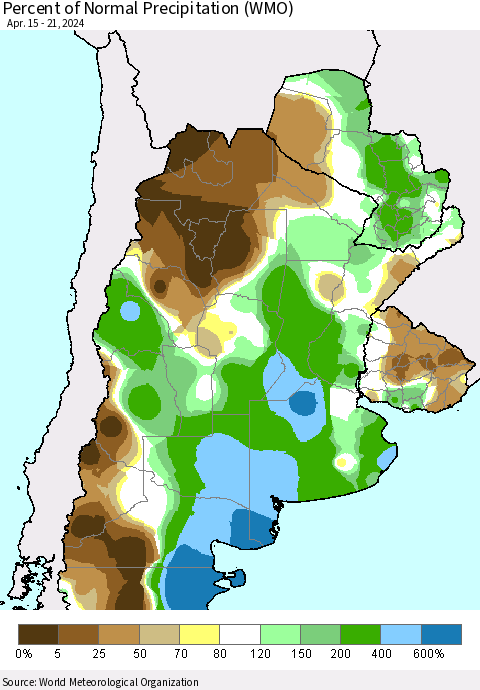 Southern South America Percent of Normal Precipitation (WMO) Thematic Map For 4/15/2024 - 4/21/2024