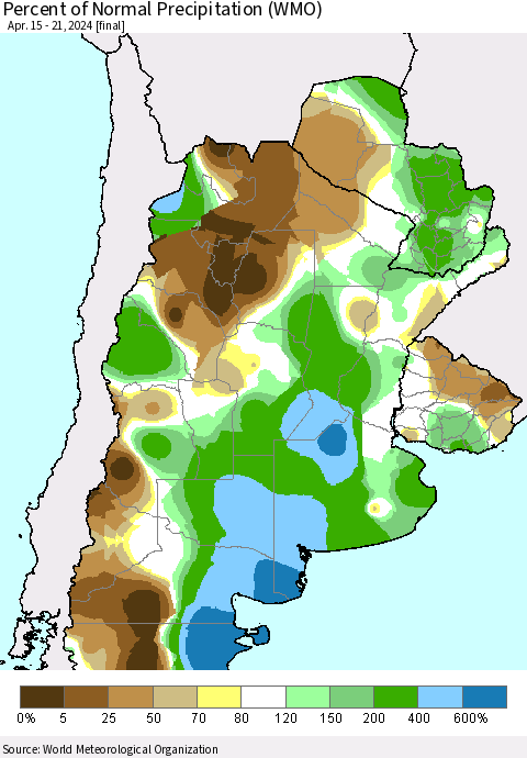 Southern South America Percent of Normal Precipitation (WMO) Thematic Map For 4/15/2024 - 4/21/2024