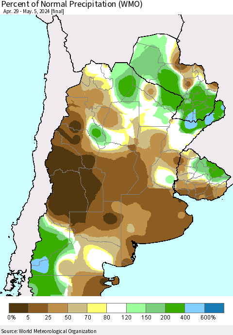 Southern South America Percent of Normal Precipitation (WMO) Thematic Map For 4/29/2024 - 5/5/2024
