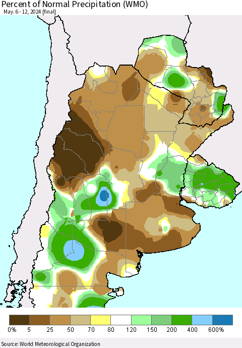 Southern South America Percent of Normal Precipitation (WMO) Thematic Map For 5/6/2024 - 5/12/2024