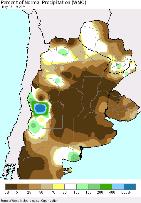 Southern South America Percent of Normal Precipitation (WMO) Thematic Map For 5/13/2024 - 5/19/2024