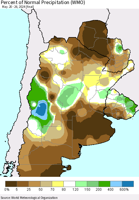 Southern South America Percent of Normal Precipitation (WMO) Thematic Map For 5/20/2024 - 5/26/2024