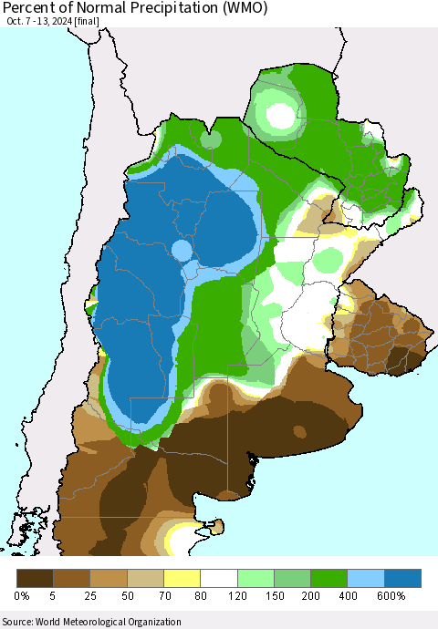 Southern South America Percent of Normal Precipitation (WMO) Thematic Map For 10/7/2024 - 10/13/2024