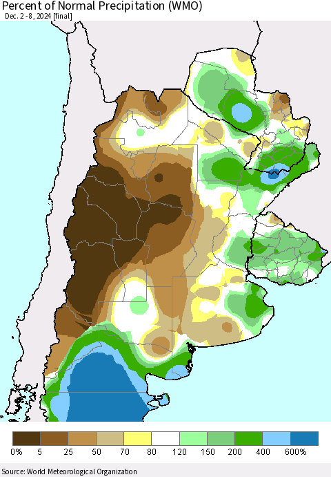 Southern South America Percent of Normal Precipitation (WMO) Thematic Map For 12/2/2024 - 12/8/2024
