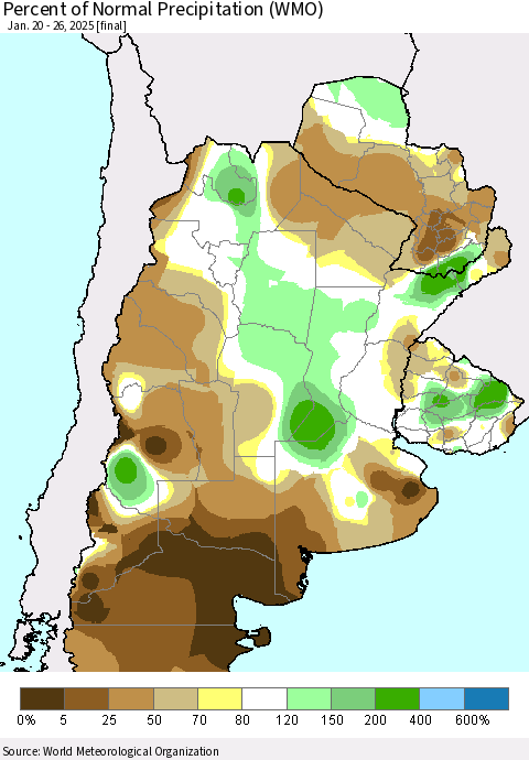 Southern South America Percent of Normal Precipitation (WMO) Thematic Map For 1/20/2025 - 1/26/2025