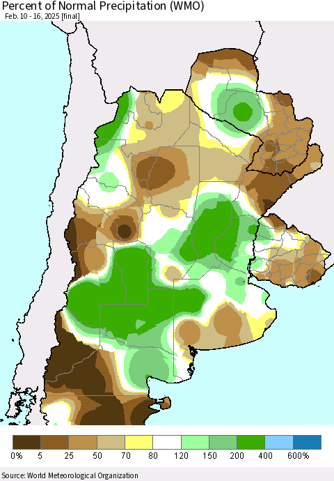 Southern South America Percent of Normal Precipitation (WMO) Thematic Map For 2/10/2025 - 2/16/2025