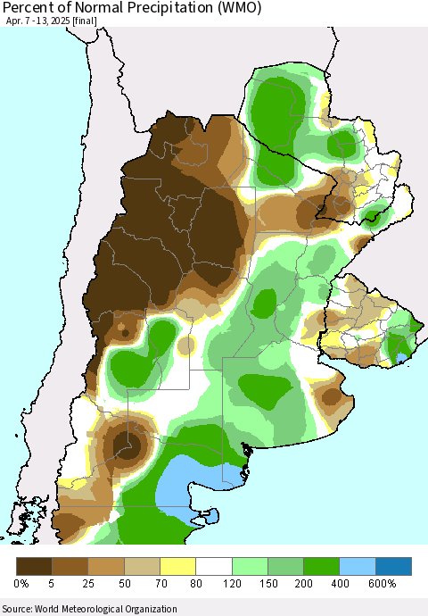 Southern South America Percent of Normal Precipitation (WMO) Thematic Map For 4/7/2025 - 4/13/2025