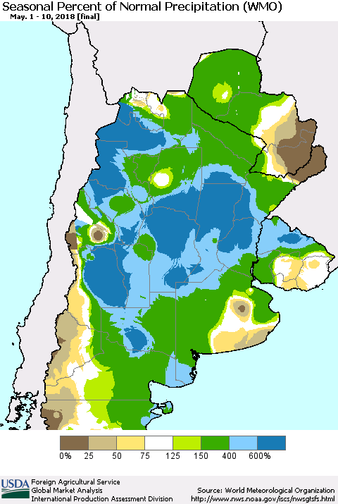 Southern South America Seasonal Percent of Normal Precipitation (WMO) Thematic Map For 5/1/2018 - 5/10/2018