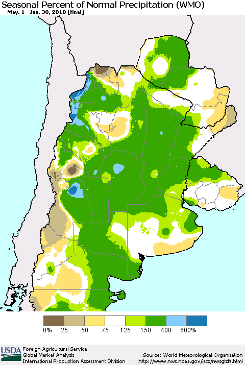 Southern South America Seasonal Percent of Normal Precipitation (WMO) Thematic Map For 5/1/2018 - 6/30/2018