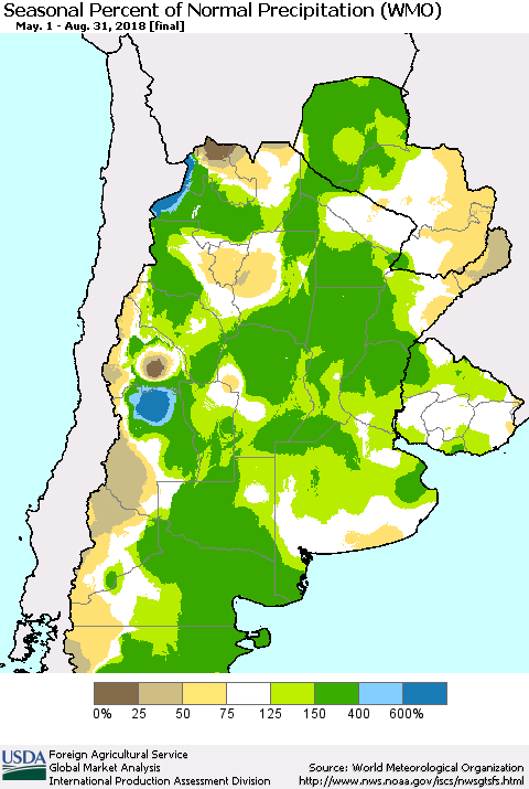 Southern South America Seasonal Percent of Normal Precipitation (WMO) Thematic Map For 5/1/2018 - 8/31/2018